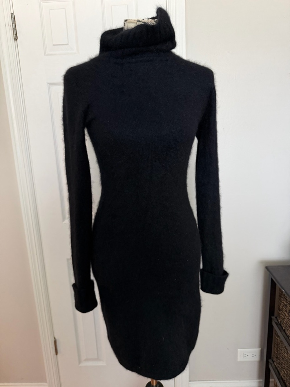Illig Angora Vintage Y2K turtleneck Black Long-sleeve Sweater Dress Sz S fuzzy
